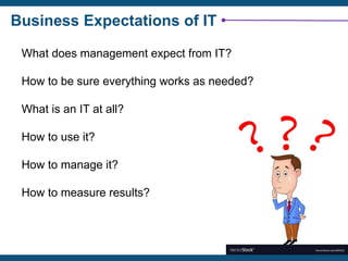 Business Expectations of IT
What does management expect from IT?
How to be sure everything works as needed?
What is an IT at all?
How to use it?
How to manage it?
How to measure results?
 