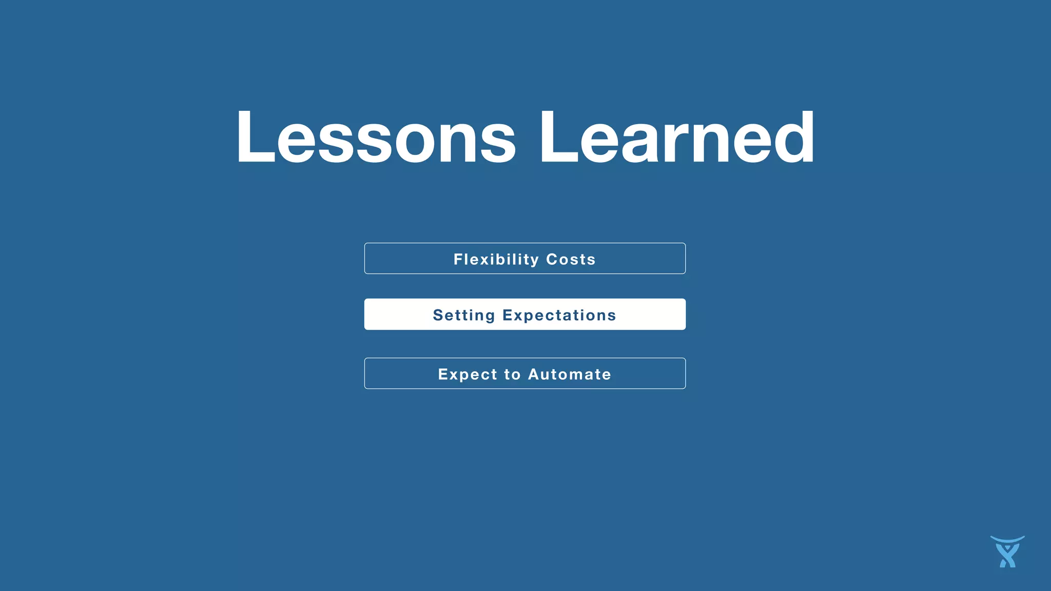 Lessons Learned
Flexibility Costs
Setting Expectations
Expect to Automate