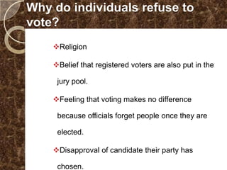 Why do individuals refuse to
vote?
    Religion

    Belief that registered voters are also put in the

     jury pool.

    Feeling that voting makes no difference

     because officials forget people once they are

     elected.

    Disapproval of candidate their party has

     chosen.
 