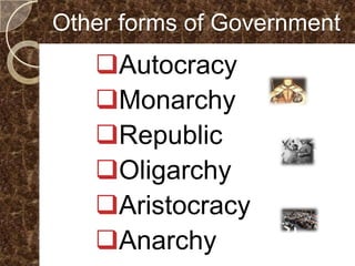 Other forms of Government
   Autocracy
   Monarchy
   Republic
   Oligarchy
   Aristocracy
   Anarchy
 
