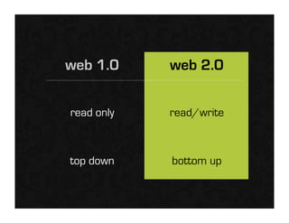 web 1.0     web 2.0

read only   read/write



top down    bottom up