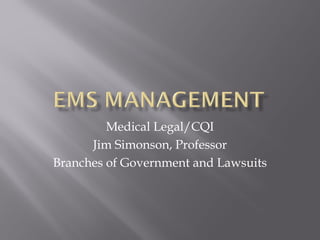 Medical Legal/CQI
Jim Simonson, Professor
Branches of Government and Lawsuits
 