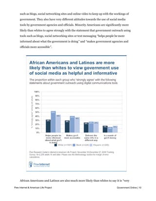 As noted above, African Americans and Latinos are just as likely as whites to use tools
     such as blogs, social networking sites and online video to keep up with the workings of
     government. They also have very different attitudes towards the use of social media
     tools by government agencies and officials. Minority Americans are significantly more
     likely than whites to agree strongly with the statement that government outreach using
     tools such as blogs, social networking sites or text messaging “helps people be more
     informed about what the government is doing” and “makes government agencies and
     officials more accessible”.




     African Americans and Latinos are also much more likely than whites to say it is “very
     important” for government agencies to post information and alerts on sites such as
Pew Internet & American Life Project                                             Government Online | 10
     Facebook and Twitter. Based on these users’ expressed attitudes, these tools may offer
     the ability for government agencies to reach underserved populations in a way that is
 