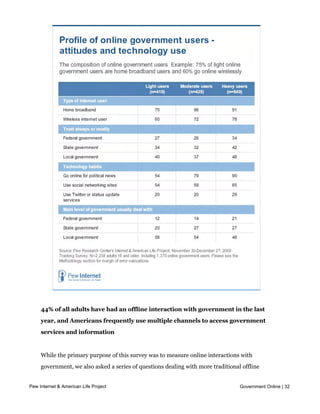 rather than local government agencies.




     44% of all adults have had an offline interaction with government in the last
     year, and Americans frequently use multiple channels to access government
     services and information


     While the primary purpose of this survey was to measure online interactions with
     government, we also asked a series of questions dealing with more traditional offline
     forms of government engagement as well. In the twelve months preceding our survey,
Pew Internet & American Life Project                                              Government Online | 32
     44% of all Americans contacted their local, state or federal government via offline
     means. Roughly one in three (29%) called a government office or agency on the phone,
     one-quarter (24%) visited an office or agency in person and 17% wrote a letter to a
 