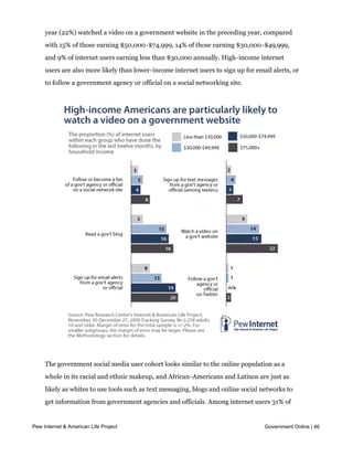 In terms of income, watching videos on a government website is particularly popular
     with high-income internet users. One in five internet users earning $75,000 or more per
     year (22%) watched a video on a government website in the preceding year, compared
     with 15% of those earning $50,000-$74,999, 14% of those earning $30,000-$49,999,
     and 9% of internet users earning less than $30,000 annually. High-income internet
     users are also more likely than lower-income internet users to sign up for email alerts, or
     to follow a government agency or official on a social networking site.




     The government social media user cohort looks similar to the online population as a
     whole in its racial and ethnic makeup, and African-Americans and Latinos are just as
     likely as whites to use tools such as text messaging, blogs and online social networks to
     get information from government agencies and officials. Among internet users 31% of
     whites, 32% of African-Americans and 28% of Latinos are government social media
Pew Internet & American Lifeno significant
     users, and there is Project             variation between these groups when it comes to any of
                                                                                       Government Online | 46

     the individual tools we evaluated.
 