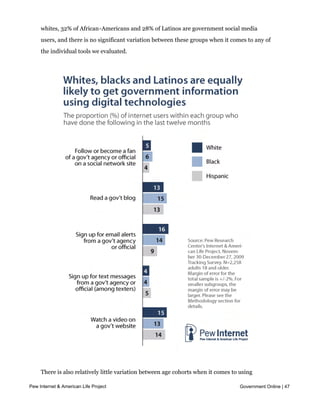 likely as whites to use tools such as text messaging, blogs and online social networks to
     get information from government agencies and officials. Among internet users 31% of
     whites, 32% of African-Americans and 28% of Latinos are government social media
     users, and there is no significant variation between these groups when it comes to any of
     the individual tools we evaluated.




     There is also relatively little variation between age cohorts when it comes to using
     individual platforms to access government information. Indeed, seniors are just as likely
Pew Internet & American Life Project                                             Government Online | 47
     as young adults to access government information in this way—31% of online 18-24
     year olds and 30% of those ages 65 and older are government social media users. Those
 