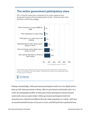 participators.




    Perhaps unsurprisingly, online government participators tend to use new digital tools to
    keep up with what government is doing—58% are government social media users. As a
    result, the demographic profiles of online government participators and government
    social media users are quite similar. Online government participators tend to be
    somewhat more educated and affluent than the online population as a whole—36% have
    an annual household income of $75,000 or more, and half (50%) have graduated from
    college. Relative to those with lower levels of income and education, these wealthy and
     well-educated online participators are especially likely to join online groups that seek to Online | 52
Pew Internet & American Life Project                                                 Government

    influence government policies and to post their own comments about government issues
    in online forums.
 