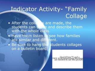 Indicator Activity- “Family
Collage
• After the collages are made, the
students can share and describe them
with the whole class.
• Have them listen to see how families
are similar and different.
• Be sure to hang the students collages
on a bulletin board!
QuickTime™ and a
TIFF (Uncompressed) decompressor
are needed to see this picture.
 