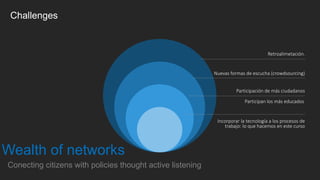 Participación de más ciudadanos
Retroalimetación.
Nuevas formas de escucha (crowdsourcing)
Incorporar la tecnología a los ...