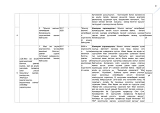 3
бүтээмжийг дээшлүүлэх”, “Бэлчээрийн болон эрчимжсэн
аж ахуйн төлийн тархмал өвчинтэй тэмцэх өсөлтийн
физиологид суурилсан арга, бэлдмэлийн технологи”, “Бог
малын мялзан өвчний вакцины загвар бэлтгэн турших”
төслүүдийг хэрэгжүүлэхээр боллоо.
4
2. “Монгол малчин”
хөтөлбөрийг
боловсруулж,
хэрэгжилтийг зохион
байгуулах
2017 –
2020
“Монгол
малчин”
хөтөлбөрий
н
хэрэгжилти
йг зохион
байгуулах
Хамтран хэрэгжүүлэгч: Монгол малчин” хөтөлбөрийг
боловсруулах ажлын хэсэгт ажиллаж байна. Ажлын
хэсгийн хурлаар хөтөлбөрийн төслийг хэлэлцэж, хурлаас
гарсан санал дүгнэлтийг хөтөлбөрийн төсөлд тусган
боловсруулсан.
Үнэлэх
боломжг
үй
5
2.28.Мал аж ахуйн
мэргэжилтнийг
бэлтгэх, давтан
сургах, мал аж ахуйн
хөгжлийн талаархи
олон улсын
туршлагыг судлах,
нэвтрүүлэх,
“Малчдыг
мэдлэгжүүлэх,
мэдээллээр хангах”
хөтөлбөр
хэрэгжүүлнэ.
1. Мал аж ахуйн
мэргэжилтэн, туслах
ажилтныг бэлтгэх,
давтан сургах
тогтолцоог сайжруулж,
хэрэгжилтийг зохион
байгуулах
2017 –
2020
МАА-н
мэргэжилтэ
н, туслах
ажилтныг
бэлтгэх,
давтан
сургах үйл
ажиллагаан
ы
хэрэгжилти
йг хангах
Хамтран хэрэгжүүлэгч: Малын генетик нөөцийн тухай
хуульд өөрчлөлт орсноор сум бүрд малын эмч
ажиллуулах шаардлага үүссэн. Иймд Хөдөө, аж ахуйн их
сургуулийн Мал эмнэлгийн сургуулиас шаталсан болон
түр сургалтуудыг зохион байгуулж, мал эмнэлгийн
чиглэлээр өмнө төгссөн иргэд болон малын эмч нарыг
мэргэшил дээшлүүлэх сургалтад хамруулах ажлыг зохион
байгуулсан. Боловсрол, соёл, шинжлэх ухаан, спортын
яамны зүгээс тухайн хуулийг дагаж гарах дүрэм,
журмуудад санал өгч хамтран ажиллаж байна. Хөдөө аж
ахуйн их сургууль нь “Бизнесийн удирдлага”, “Мал
эмнэлэг”, “Агрономи”, “Байгаль орчны хяналт үнэлгээ”
зэрэг магистрын хөтөлбөрийн элсэлт төгсөлтийг
нэмэгдүүлэх зорилгоор 13 хичээлийн хөтөлбөрийг онлайн
системд байршуулсан. 2019-2020 оны хичээлийн жилд 78
суралцагч онлайн ба танхимын хосолсон сургалтаар
суралцаж байна. Мөн Хөдөө, аж ахуйн их сургууль дээр
“Жайка”-ийн санхүүжилтээр хэрэгжиж буй “Мал эмнэлэг,
мал аж ахуйн хүний нөөцийг бэхжүүлэх” төслийн хүрээнд -
Хоккайдогийн Их Сургуулийн профессор Юки Очи,
Хоккайдогийн Их Сургуулийн профессор М.Хориучи
“Сүрьеэ өвчний үүсгэгч, түүнийг илрүүлэх аргууд”,
Хоккайдо их сургуулийн профессор Кодай Мотохиро “RT
ПСР ажиллуулах зарчим, шинжилгээний аргууд” зэрэг
Үнэлэх
боломжг
үй
 