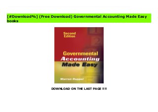 DOWNLOAD ON THE LAST PAGE !!!!
^PDF^ Governmental Accounting Made Easy File A hands-on guide to the ins and outs of governmental accounting--made easy!Governmental Accounting Made Easy, Second Edition equips you with the tools you need to run the financial and accounting operations within your organization. This complete and straightforward manual covers a broad range of governmental accounting topics that fall under the Governmental Accounting Standards Board, and its recently revised financial reporting model.Boiling down the complicated details of governmental accounting into manageable essentials, author Warren Ruppel, a leading authority on governmental accounting, offers practical information in easy-to-understand terminology. Even if you do not have a professional understanding of accounting principles and financial reporting, the Second Edition makes it all clear with accounting rules explained in terms anyone can understand, to help you better fulfill your managerial and fiduciary duties.Always practical and never over-technical, this helpful guide:Discusses basic accounting terminology Clearly explains fund accounting Covers the nuts and bolts of governmental financial statements Equips you to understand the reporting entity Discusses revenues from non-exchange transactions Helps you become conversant in various accounting topics The recently adopted reporting model for governments resulted in a radical change in the way governmental financial statements are presented. Suitable for professional managers, budget preparers, school boards, city councils, state legislators, and comptrollers, Governmental Accounting Made Easy, Second Edition is your essential guide for a clear, concise, understandable explanation of government finances.
[#Download%] (Free Download) Governmental Accounting Made Easy
books
 