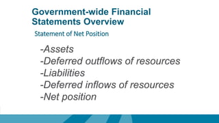 Government-wide Financial
Statements Overview
-Assets
-Deferred outflows of resources
-Liabilities
-Deferred inflows of resources
-Net position
Statement of Net Position
 