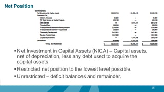 16
Net Investment in Capital Assets (NICA) – Capital assets,
net of depreciation, less any debt used to acquire the
capital assets.
Restricted net position to the lowest level possible.
Unrestricted – deficit balances and remainder.
Net Position
 