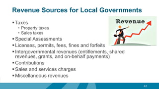 Revenue Sources for Local Governments
Taxes
• Property taxes
• Sales taxes
Special Assessments
Licenses, permits, fees, fines and forfeits
Intergovernmental revenues (entitlements, shared
revenues, grants, and on-behalf payments)
Contributions
Sales and services charges
Miscellaneous revenues
42
 