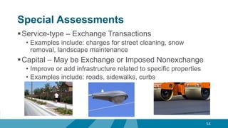 Special Assessments
Service-type – Exchange Transactions
• Examples include: charges for street cleaning, snow
removal, landscape maintenance
Capital – May be Exchange or Imposed Nonexchange
• Improve or add infrastructure related to specific properties
• Examples include: roads, sidewalks, curbs
54
 