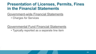 Presentation of Licenses, Permits, Fines
in the Financial Statements
Government-wide Financial Statements
• Charges for Services
Governmental Fund Financial Statements
• Typically reported as a separate line item
68
 