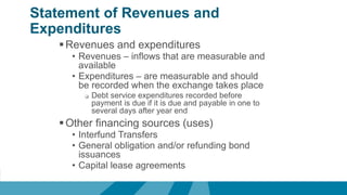 Statement of Revenues and
Expenditures
Revenues and expenditures
• Revenues – inflows that are measurable and
available
• Expenditures – are measurable and should
be recorded when the exchange takes place
 Debt service expenditures recorded before
payment is due if it is due and payable in one to
several days after year end
Other financing sources (uses)
• Interfund Transfers
• General obligation and/or refunding bond
issuances
• Capital lease agreements
 
