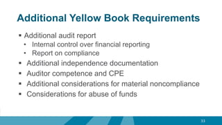 Additional Yellow Book Requirements
 Additional audit report
• Internal control over financial reporting
• Report on compliance
 Additional independence documentation
 Auditor competence and CPE
 Additional considerations for material noncompliance
 Considerations for abuse of funds
33
 