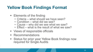Yellow Book Findings Format
 Elements of the finding
• Criteria – what should we have seen?
• Condition – what did we see?
• Cause – why did we see what we saw?
• Effect – what is the result of what we saw?
 Views of responsible officials
 Recommendations
 Status for prior year Yellow Book findings now
required for Single Audits
35
 