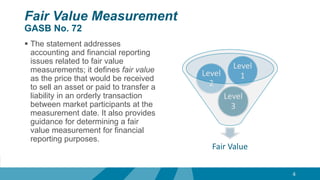 Fair Value Measurement
GASB No. 72
 The statement addresses
accounting and financial reporting
issues related to fair value
measurements; it defines fair value
as the price that would be received
to sell an asset or paid to transfer a
liability in an orderly transaction
between market participants at the
measurement date. It also provides
guidance for determining a fair
value measurement for financial
reporting purposes.
Fair Value
Level
3
Level
2
Level
1
4
 