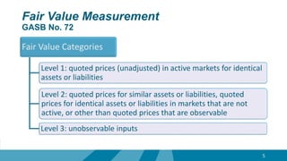Fair Value Measurement
GASB No. 72
5
Fair Value Categories
Level 1: quoted prices (unadjusted) in active markets for identical
assets or liabilities
Level 2: quoted prices for similar assets or liabilities, quoted
prices for identical assets or liabilities in markets that are not
active, or other than quoted prices that are observable
Level 3: unobservable inputs
 