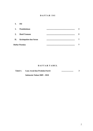 2
D A F T A R I S I
I. ISI
1. Pendahuluan ............................................................ 3
2. Hasil Temuan ............................................................ 5
II. Kesimpulan dan Saran ............................................................ 7
Daftar Pustaka ............................................................ 7
D A F T A R T A B E L
Tabel 1. Luas Areal dan Produksi Sawit
Indonesia Tahun 2005 – 2010
......................... 3
 