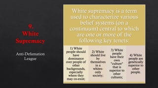 White supremacy is a term
used to characterize various
belief systems (on a
continuum) central to which
are one or more of the
following key tenets:
1) White
people should
have
dominance
over people of
other
backgrounds,
especially
where they
may co-exist;
2) White
should live
by
themselves
in a
whites-
only
society;
3) White
people
have their
own
"culture"
that is
superior to
other
cultures;
4) White
people are
genetically
superior to
other
people.
 