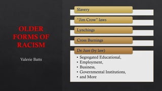 Slavery
“Jim Crow” laws
Lynchings
Cross Burnings
• Segregated Educational,
• Employment,
• Business,
• Governmental Institutions,
• and More
De Jure (by law)
 