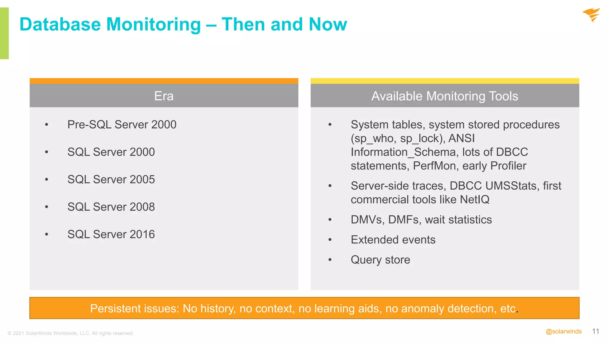 11
@solarwinds
Database Monitoring – Then and Now
Era Available Monitoring Tools
© 2021 SolarWinds Worldwide, LLC. All rights reserved.
• Pre-SQL Server 2000
• SQL Server 2000
• SQL Server 2005
• SQL Server 2008
• SQL Server 2016
• System tables, system stored procedures
(sp_who, sp_lock), ANSI
Information_Schema, lots of DBCC
statements, PerfMon, early Profiler
• Server-side traces, DBCC UMSStats, first
commercial tools like NetIQ
• DMVs, DMFs, wait statistics
• Extended events
• Query store
Persistent issues: No history, no context, no learning aids, no anomaly detection, etc.
 