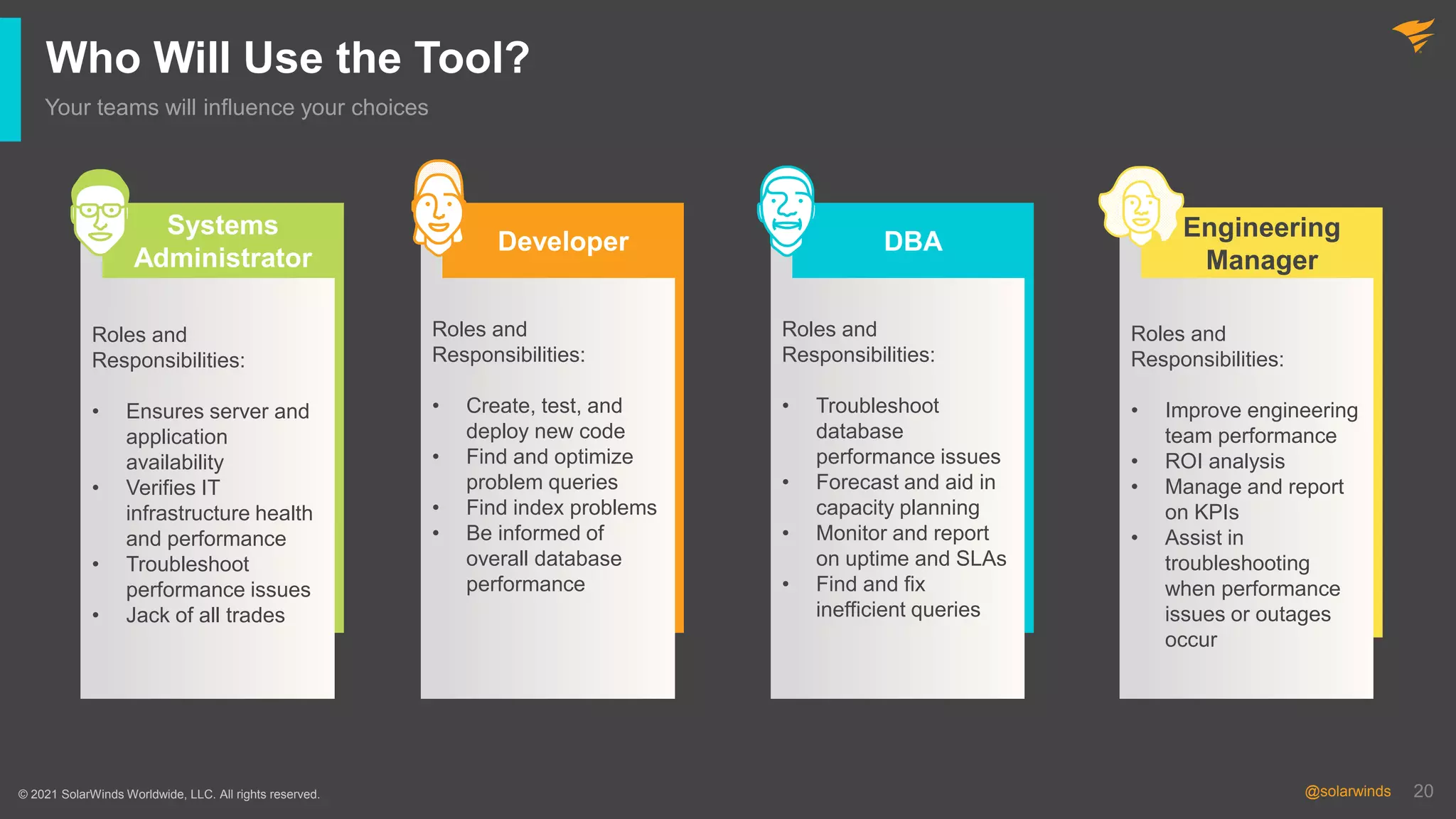 20
@solarwinds 20
@solarwinds
Who Will Use the Tool?
Your teams will influence your choices
© 2021 SolarWinds Worldwide, LLC. All rights reserved.
Roles and
Responsibilities:
• Ensures server and
application
availability
• Verifies IT
infrastructure health
and performance
• Troubleshoot
performance issues
• Jack of all trades
Systems
Administrator
Roles and
Responsibilities:
• Create, test, and
deploy new code
• Find and optimize
problem queries
• Find index problems
• Be informed of
overall database
performance
Developer
Roles and
Responsibilities:
• Troubleshoot
database
performance issues
• Forecast and aid in
capacity planning
• Monitor and report
on uptime and SLAs
• Find and fix
inefficient queries
DBA
Roles and
Responsibilities:
• Improve engineering
team performance
• ROI analysis
• Manage and report
on KPIs
• Assist in
troubleshooting
when performance
issues or outages
occur
Engineering
Manager
 
