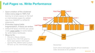 15
@solarwinds
Full Pages vs. Write Performance
Remember:
Each write to leaf pages requires all non-clustered
index struct...