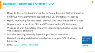 31
@solarwinds
Database Performance Analyzer (DPA)
• Down-to-the-second monitoring, for both real-time and historical anal...