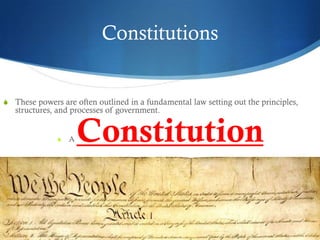 Constitutions


S These powers are often outlined in a fundamental law setting out the principles,
   structures, and processes of government.


              S   A   Constitution
 