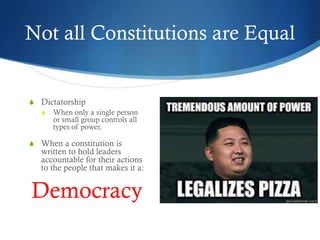 Not all Constitutions are Equal


S Dictatorship
  S When only a single person
     or small group controls all
     types of power.

S When a constitution is
   written to hold leaders
   accountable for their actions
   to the people that makes it a:


Democracy
 