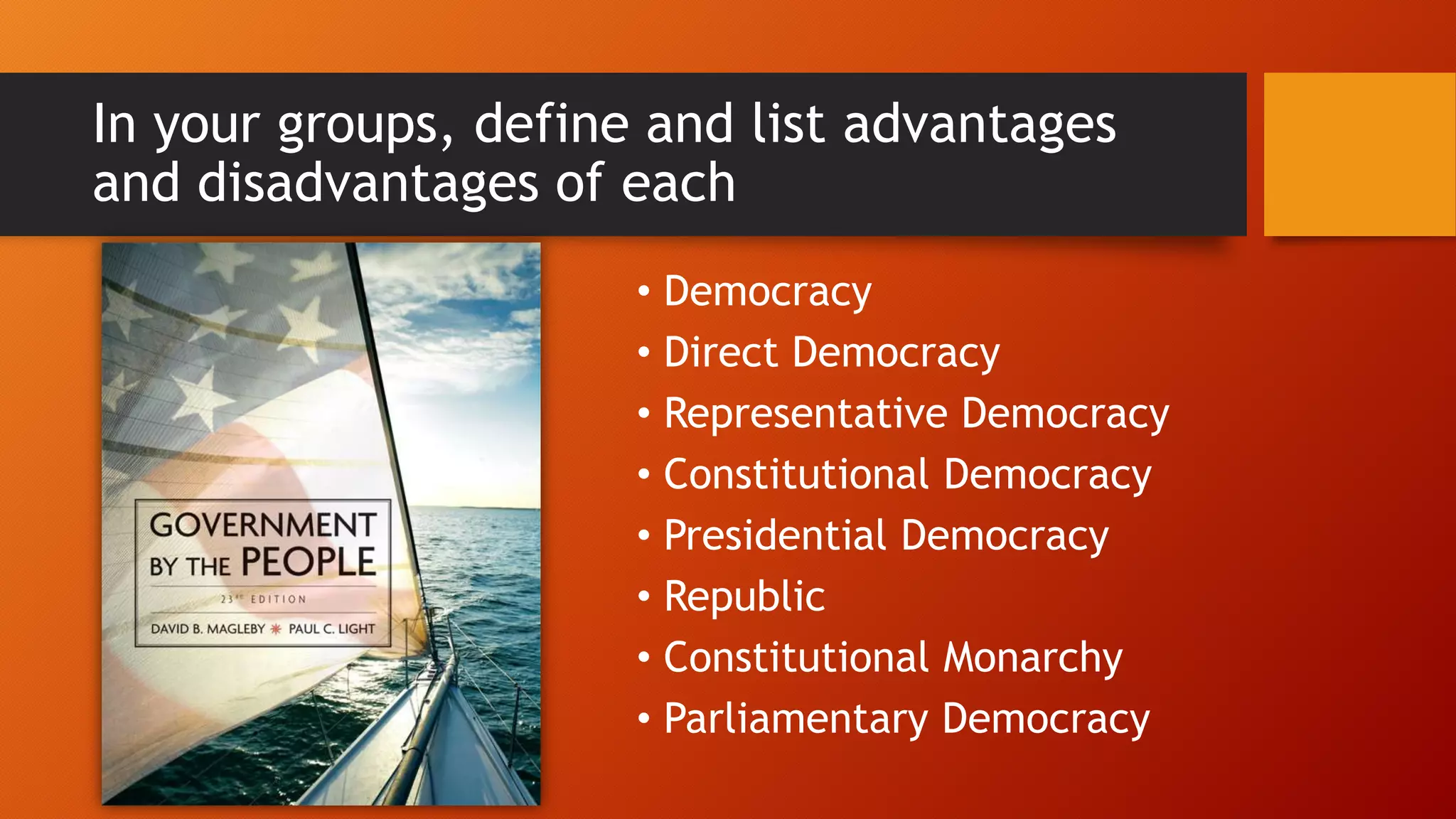 In your groups, define and list advantages
and disadvantages of each
• Democracy
• Direct Democracy
• Representative Democracy
• Constitutional Democracy
• Presidential Democracy
• Republic
• Constitutional Monarchy
• Parliamentary Democracy
 