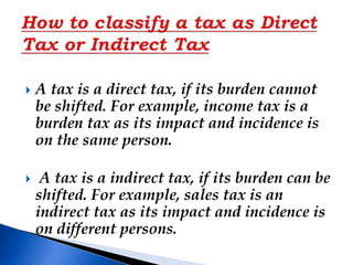  Corporation tax
 Value added tax
 Service tax
 Excise duty
 Wealth tax
 Sales tax
 