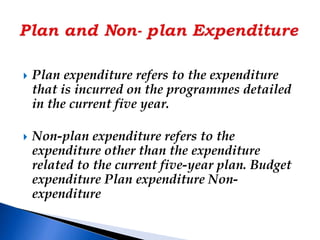  Plan expenditure is spent on current
development and investment outlays.
 It arises only when the plans provide for
suc...