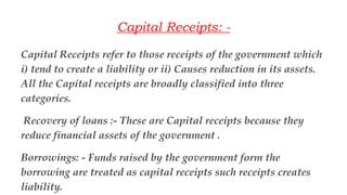 Any receipts which do not either create a liability or lead
to reduction in assets is called revenue receipts. Two
sources...