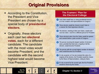 Original Provisions
•   According to the Constitution,
    the President and Vice
    President are chosen by a
    special body of presidential
    electors.

•   Originally, these electors
    each cast two electoral
    votes, each for a different
    candidate. The candidate
    with the most votes would
    become President, and the
    candidate with the second
    highest total would become
    Vice President.

             Go To
           Section:   1 2 3 4 5
                              5      Chapter 13, Section 3
 