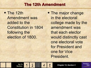 The 12th Amendment

• The 12th                 • The major change
 Amendment was              in the electoral
 added to the               college made by the
 Constitution in 1804       amendment was
 following the              that each elector
 election of 1800.          would distinctly cast
                            one electoral vote
                            for President and
                            one for Vice
                            President.
        Go To
      Section:   1 2 3 4 5
                         5     Chapter 13, Section 3
 