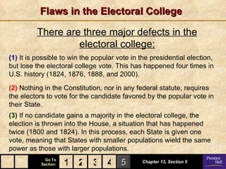 Flaws in the Electoral College

         There are three major defects in the
                  electoral college:
(1) It is possible to win the popular vote in the presidential election,
but lose the electoral college vote. This has happened four times in
U.S. history (1824, 1876, 1888, and 2000).

(2) Nothing in the Constitution, nor in any federal statute, requires
the electors to vote for the candidate favored by the popular vote in
their State.
(3) If no candidate gains a majority in the electoral college, the
election is thrown into the House, a situation that has happened
twice (1800 and 1824). In this process, each State is given one
vote, meaning that States with smaller populations wield the same
power as those with larger populations.
             Go To
           Section:   1 2 3 4 5               Chapter 13, Section 5
 