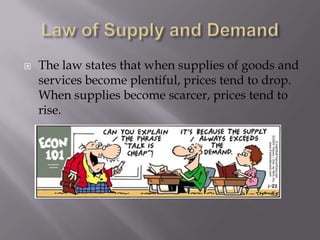 Law of Supply and DemandThe law states that when supplies of goods and services become plentiful, prices tend to drop.  When supplies become scarcer, prices tend to rise.