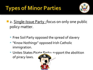 2. Single-Issue Party -focus on only one public 
policy matter. 
 Free Soil Party opposed the spread of slavery 
 “Know Nothings” opposed Irish Catholic 
immigration. 
 Unites States Pirate Party- support the abolition 
of piracy laws. 
 
