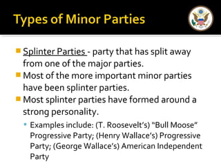 Splinter Parties - party that has split away 
from one of the major parties. 
Most of the more important minor parties 
have been splinter parties. 
Most splinter parties have formed around a 
strong personality. 
 Examples include: (T. Roosevelt’s) “Bull Moose” 
Progressive Party; (Henry Wallace’s) Progressive 
Party; (George Wallace’s) American Independent 
Party 
 