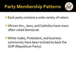 Each party contains a wide variety of voters. 
African Am., Jews, and Catholics have more 
often voted Democrat. 
White males, Protestant, and business 
community have been inclined to back the 
GOP (Republican Party). 
 
