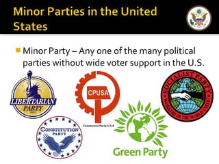  Minor Party – Any one of the many political
parties without wide voter support in the U.S.
 