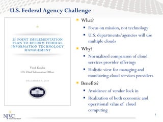 U.S. Federal Agency Challenge
                        What?
                           Focus on mission, not technology
                           U.S. departments/agencies will use
                            multiple clouds
                        Why?
                           Normalized comparison of cloud
                            services provider offerings
                           Holistic view for managing and
                            monitoring cloud services providers
                        Benefits?
                           Avoidance of vendor lock in
                           Realization of both economic and
                            operational value of cloud
                            computing
                                                                  2
 