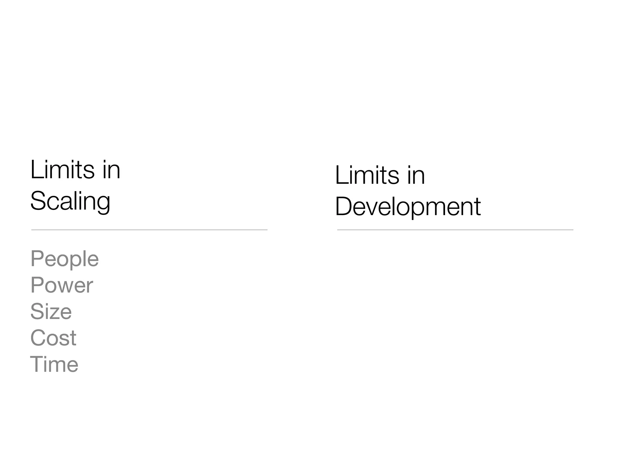 Limits in   Limits in
Scaling     Development
People
Power
Size
Cost
Time
 