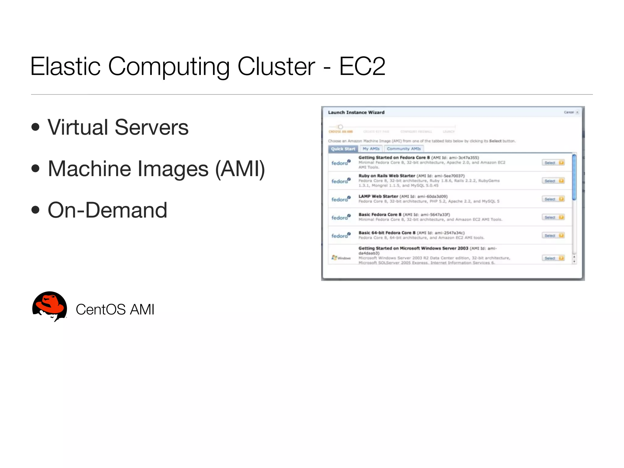 Elastic Computing Cluster - EC2

• Virtual Servers
• Machine Images (AMI)
• On-Demand



    CentOS AMI
 