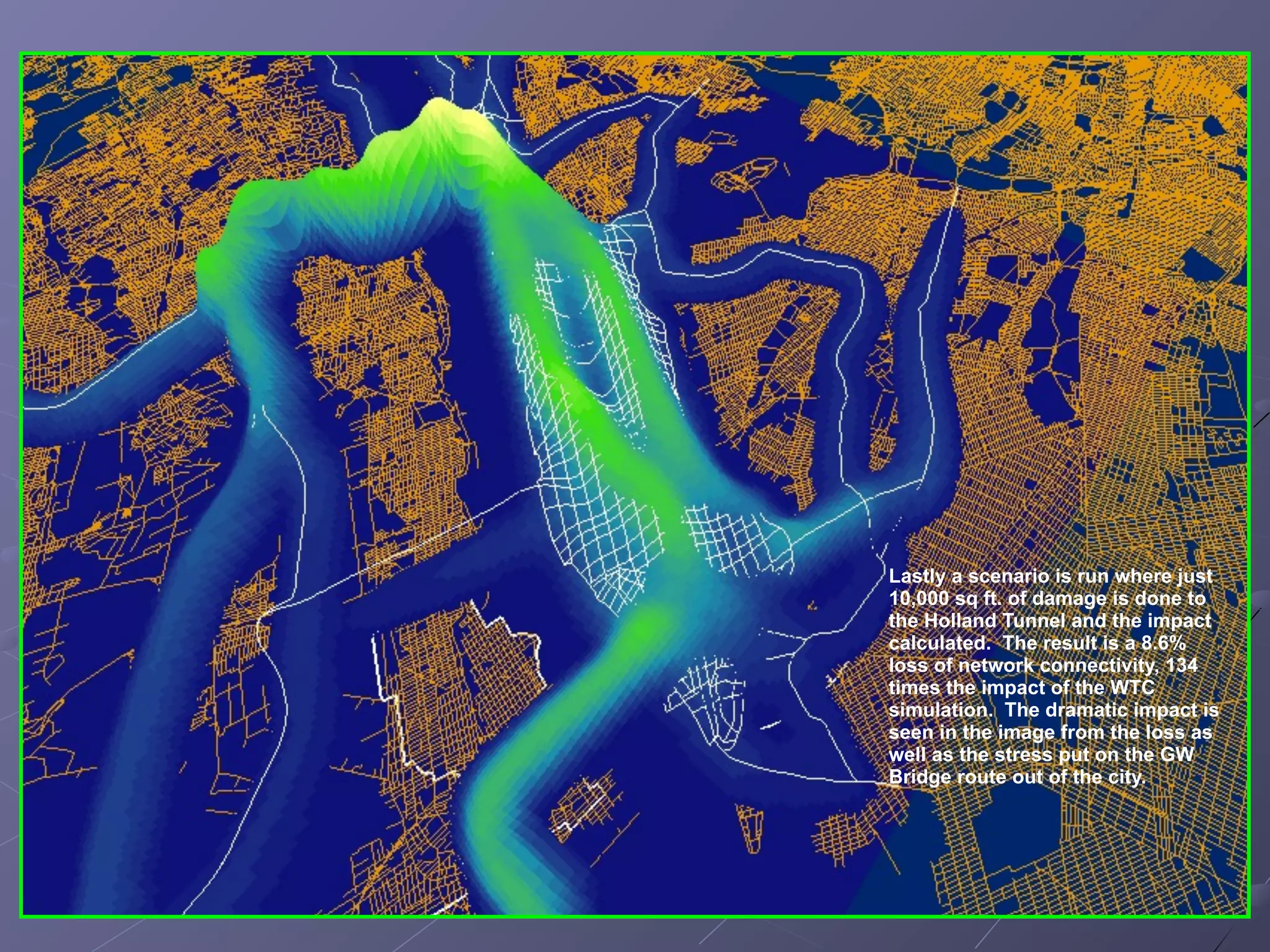 Lastly a scenario is run where just
10,000 sq ft. of damage is done to
the Holland Tunnel and the impact
calculated. The result is a 8.6%
loss of network connectivity, 134
times the impact of the WTC
simulation. The dramatic impact is
seen in the image from the loss as
well as the stress put on the GW
Bridge route out of the city.
 
